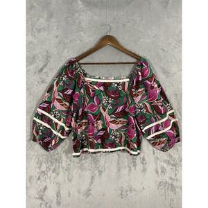 Cynthia Rowley Blouse Sz XL Colorful Floral Linen Peasant Boho Puff Sleeve Beach